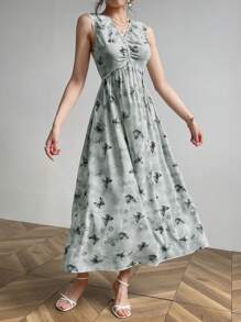 Modelyn Women's V-Neck Sleeveless Butterfly Print Casual Dress, Summer Long Evening Dresses