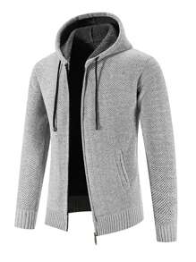 韩版男士全拉链连帽开衫，长袖针织修身连帽衫，适合商务通勤、冬季和秋季 - 淺灰色 - 查看 5