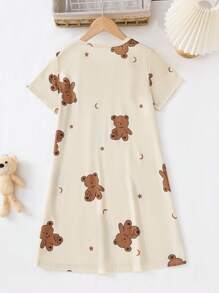 Conjunto de pijama con camisón de manga corta y cuello redondo con estampado de oso para niña preadolescente