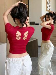 DAZY 圆领修身蝴蝶刺绣镂空女式 T 恤 - 紅色 - 查看 2