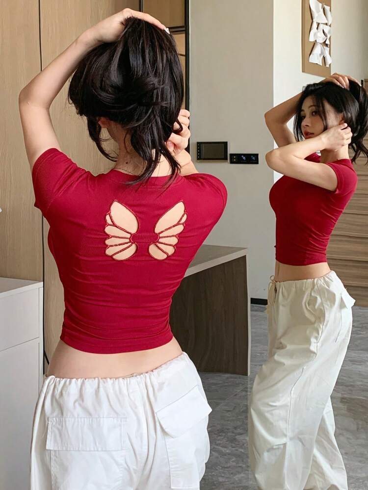 Round Neck Slim Fit Butterfly Embroidered Hollow-Out Women T-Shirt