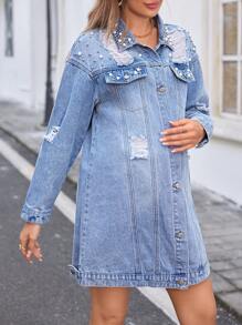 SHEIN Maternity Distressed Denim Long Sleeve Jacket, Loose Fitting Blue - Light Wash - View 8