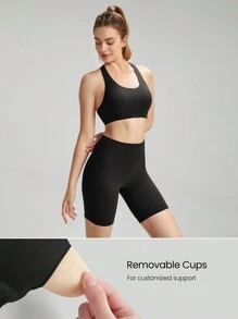 GLOWMODE Áo ngực thể thao FeatherFit™ & Bộ quần đùi 8'' Áo ngực quây sau lưng có túi hông cao Quần short dành cho người đi xe đạp Quần short tác động thấp Yoga Chạy bộ hàng ngày Tập thể dục mùa hè - màu đen - Xem 4