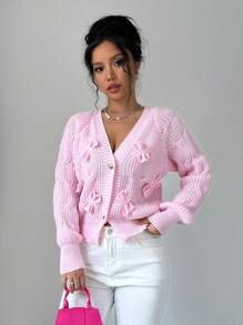 Elenzga Cárdigan rosa suave con lazo para mujer, blusas de manga larga