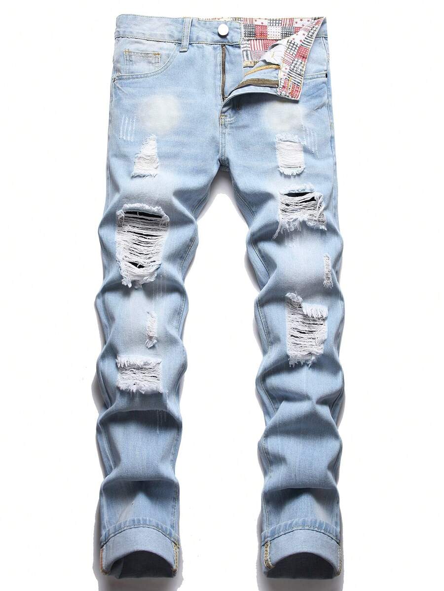 Men Patchwork Panel Ripped Frayed Bleach Wash Jeans - Light Wash - View 1