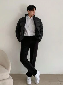 DAZY 男士拉链字母印花棉服外套，冬季夹克 - 黑色 - 查看 11
