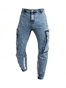 Manfinity LEGND Men's Plus Size Light Blue Washed Denim Cargo Jeans With Elasticity - Light Wash - View 1