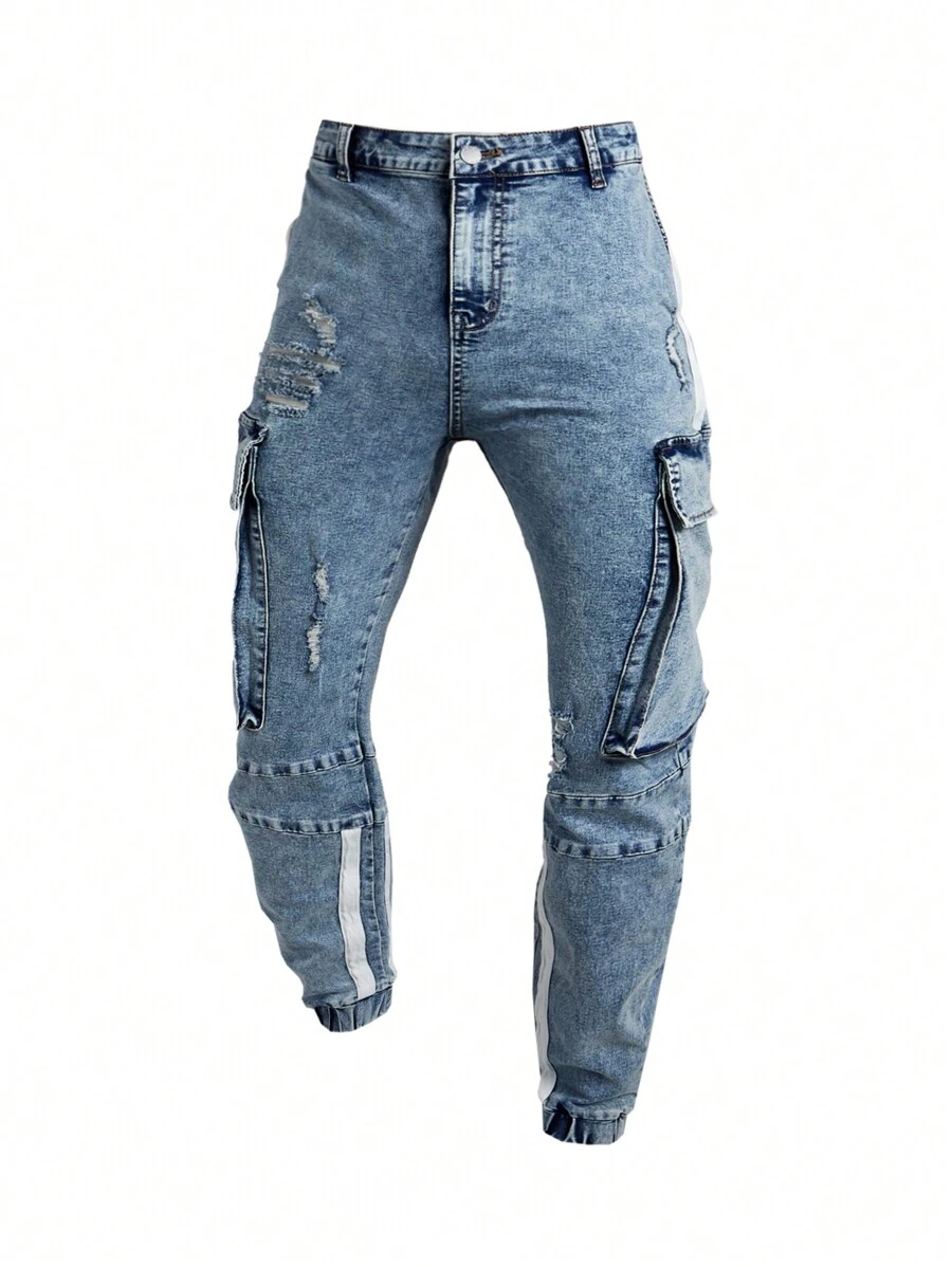 Manfinity LEGND Men's Plus Size Light Blue Washed Denim Cargo Jeans With Elasticity - Light Wash - View 1