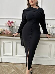 Modelyn Plus Size Spring/Autumn Elegant Solid Color Asymmetric Collar Split Bodycon Dress, For Casual Daily/Holiday/Evening Parties/Wedding Guest - Black - View 3