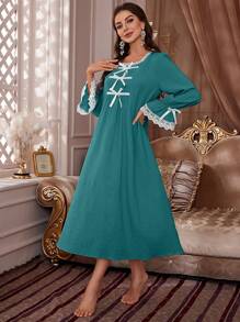 Chemise de nuit longue à manches longues, en dentelle et coton froissé, avec lien devant pour femme - Vert - Voir 6