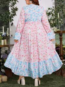 Flirla Vestido de flores con cuello en V cruzado, manga de campana y bajo asimétrico para mujer de talla grande, estilo vacacional