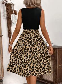 SHEIN LUNE Robe de vacances casual à patchwork imprimé léopard sans manches - Multicolore - Voir 2