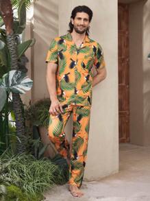 Manfinity Conjunto de pijama casual de verano de manga corta de una hilera para hombres (camisa y pantalones)