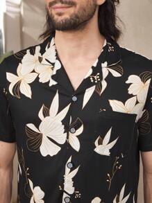 Men's Floral Printed Notch Collar Short Sleeve Shirt And Pants Pajama Set - Black - View 5
