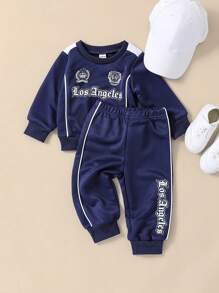 SHEIN 男婴休闲拼色字母印花卫衣套装，秋冬 - 藏蓝色 - 查看 3