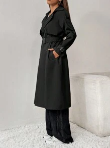 SHEIN PETITE Double Breasted Belted Trench Coat - Black - View 7