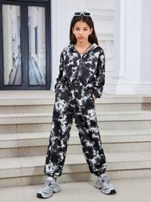 Tween Girls' Casual Loose Dropped Shoulder Hooded Sweatshirt Jacket And Pocket Sweatpants 2pcs Set - Black - View 1