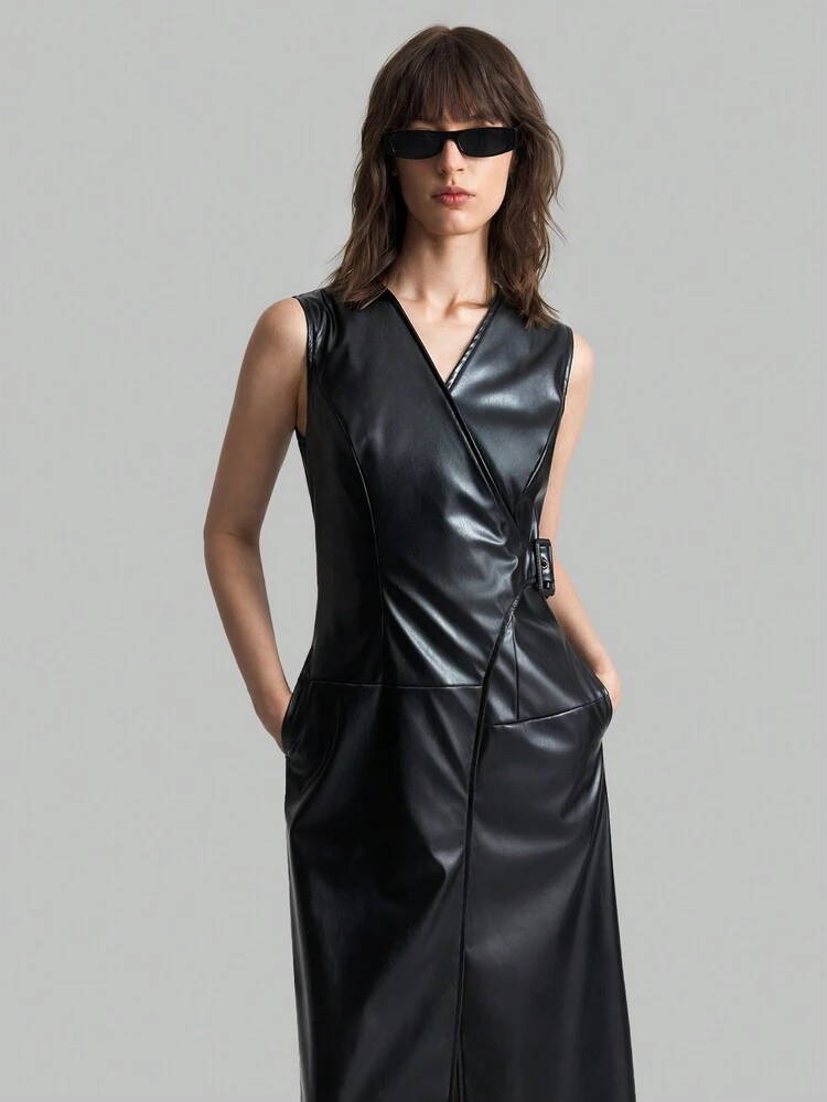 Black PU Long Wrap Dress