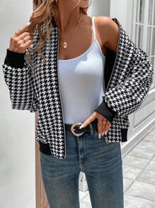 SHEIN LUNE جاكيت المهرجان الريفي الكاجوال بنمط الهندسي الأسود والأبيض للنساء ، خريف/شتاء - أبيض وأسود - مشاهدة 1