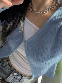 Dazy Tall 女士纯色修身开衫 - 藍色 - 查看 3