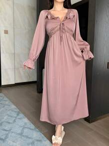 DAZY Romantic Lace Patchwork Satin Ruffle Hem Waist Nightgown Pajama - Pink - View 7