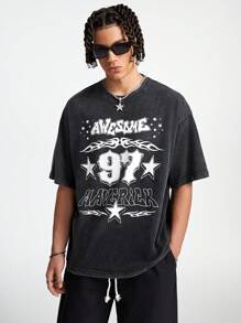 Manfinity VCAY Maglietta a maniche corte con stampa a lavaggio acido, stile ampio, con motivi in inglese e numerici, adatta per l'estate