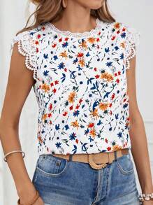 SHEIN VCAY Áo sơ mi nữ dệt in họa tiết ngày lễ có cổ tròn, khuy măng sét và viền ren nối dành cho nữ - Nhiều màu - Xem 6