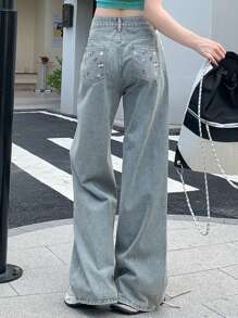 DAZY Women Casual Distressed Floral Embroidered Wide-Leg Jeans Fall,Winter