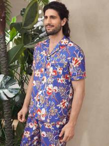 Manfinity ChillVibe Men's Floral Print Lapel Neck Short Sleeve Button-Up Shirt And Pants Home Outfit