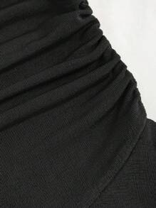 SHEIN Unity 女式夏季纯色露肩荷叶边下摆中长连衣裙 - 黑色 - 查看 4