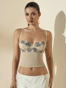 SHEIN BAE Áo yếm viền ren thường ngày dành cho nữ, mùa hè - Màu be - Xem 5