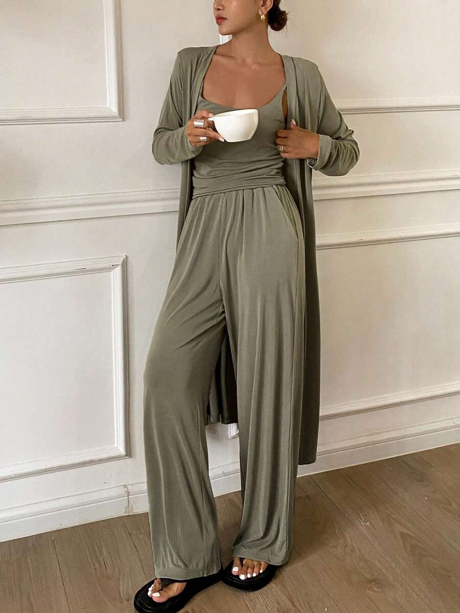 DAZY 3pcs Minimalist Camisole Top & Robe & Pants Home Lounge Wear Set, Cozy Outfits, Fall Winter Clothes Pajama