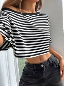 SHEIN EZwear Women's Asymmetrical Neck Striped Casual Elegant Charming Loose Fit T-Shirt