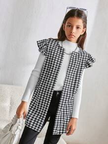 Tween Girls' Casual Houndstooth Print Puff Sleeve Round Neck Mid-Length Jacket