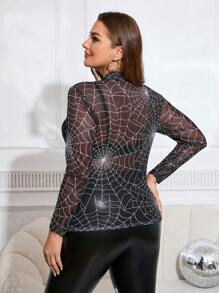 SHEIN Clasi Halloween Clothes Plus Size Women's Crew Neck Spider Web Print See-Through Long Sleeve Blouse