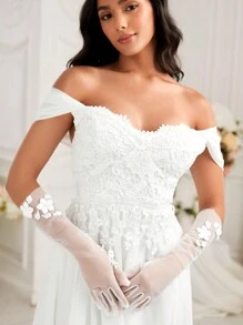 SHEIN Belle 1 双女士优雅奢华珍珠/珍珠母，蕾丝，3D 花朵/花卉设计，白色花瓣珍珠新娘全指手套，适合婚礼、蜜月、派对 - 白色 - 查看 3