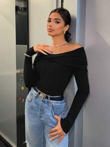 SHEIN EZwear 女士时尚露肩扭纹设计长袖休闲毛衣 - 黑色 - 查看 3