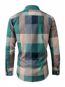 Manfinity Homme 男士格纹纽扣休闲图案长袖翻领衬衫，适合秋季外出穿着 - 彩色 - 查看 2