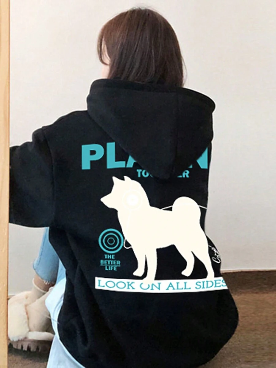DAZY Women's String Drawstring Letter Print Oversized Hoodie, Casual Everyday Wear,Fall Women Clothes Sweatshirt - Black - View 1