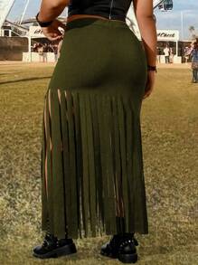 Breezaya Plus Size Solid Color Metal Decor Fringe Hem A-Line Skirt, Casual & Vacation - Army Green - View 2