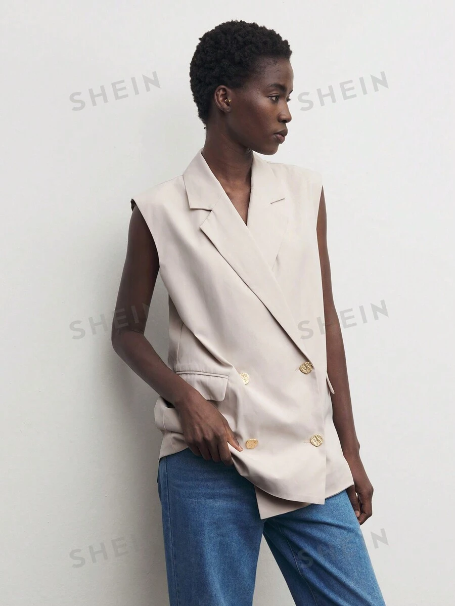 BizChic Chaqueta casual sin mangas con cuello alto, botones frontales y bolsillos para mujer