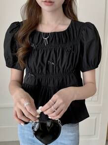 DAZY 女式休闲纯色蝴蝶结装饰泡泡袖衬衫，夏季，荷叶边