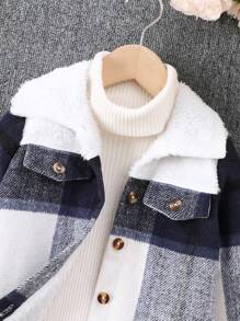 SHEIN Young Girls Blue Plaid Patchwork Thermal Lined Lapel Casual Jacket For Fall Winter, Suitable For School Commute & Street Wear