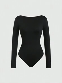SHEIN Unity Women's Solid Color Scoop Neck Backless Bodysuit, Long Sleeve - Black - View 1