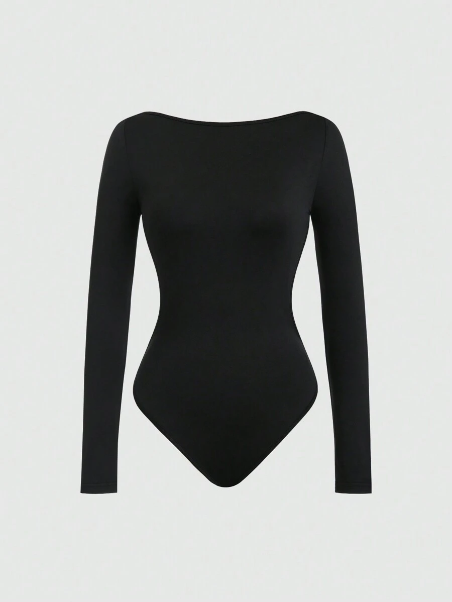 SHEIN Unity Women's Solid Color Scoop Neck Backless Bodysuit, Long Sleeve - Black - View 1