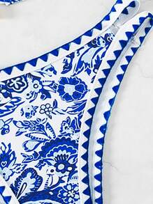 SHEIN Swim Summer Beach Women's Blue Printed Halter Neck Bikini Set - Blue and White - View 6