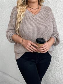 SHEIN CURVE+ Damen Pullover in Große Größen mit V-Ausschnitt, Drop-Shoulder und Langarm, lässig und locker, Herbst/Winter Strickpullover - Aprikosenfarben - Übersicht 5