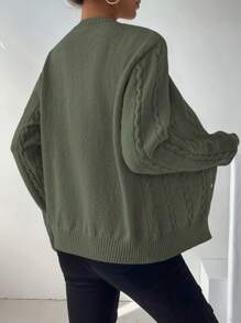 SHEIN LUNE 女士休闲纯色纽扣前开衫，春秋 - 綠色 - 查看 2