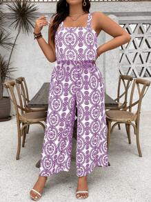 SHEIN Clasi Plus Size In toàn bộ áo liền quần không tay mùa hè có dây đeo rộng - Màu tím - Xem 3