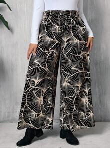 SHEIN LUNE Pantalones anchos casuales rectos de pierna ancha con estampado de hojas de la suerte de talla grande para mujer en otoño
